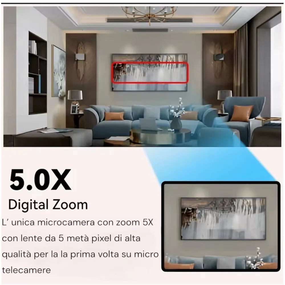 Mini Telecamera WiFi spia 5X, Visione Notturna IR 5m e Rilevamento IA