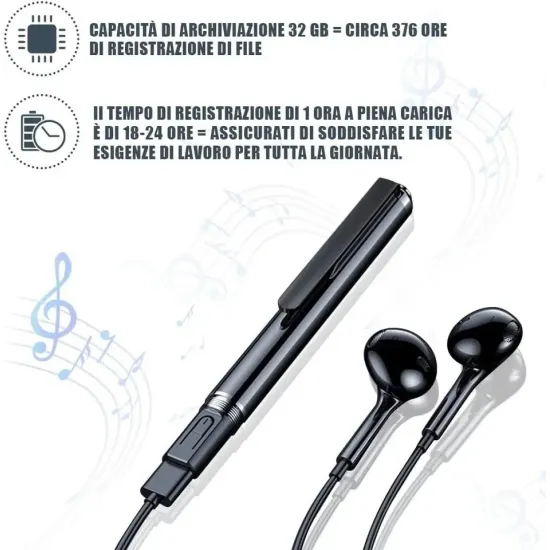 Penna Registratore Spia 32GB | 24 Ore Autonomia & Audio HD