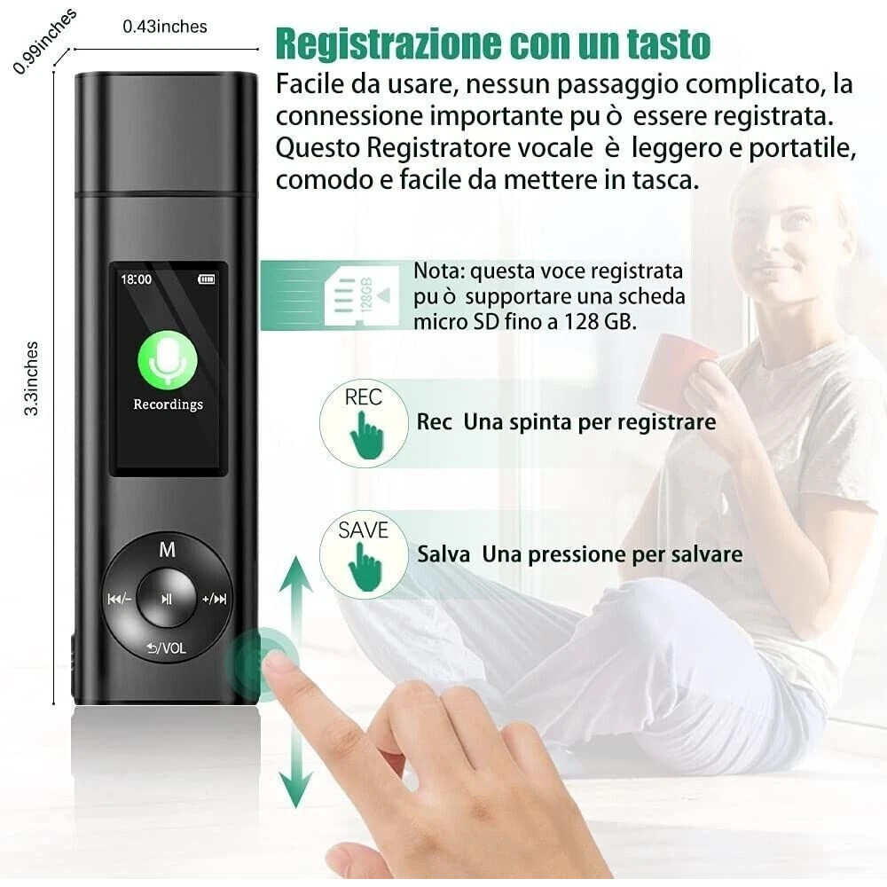 Micro Registratore Vocale Professionale USB 16GB | 35 Ore Batteria | OLED