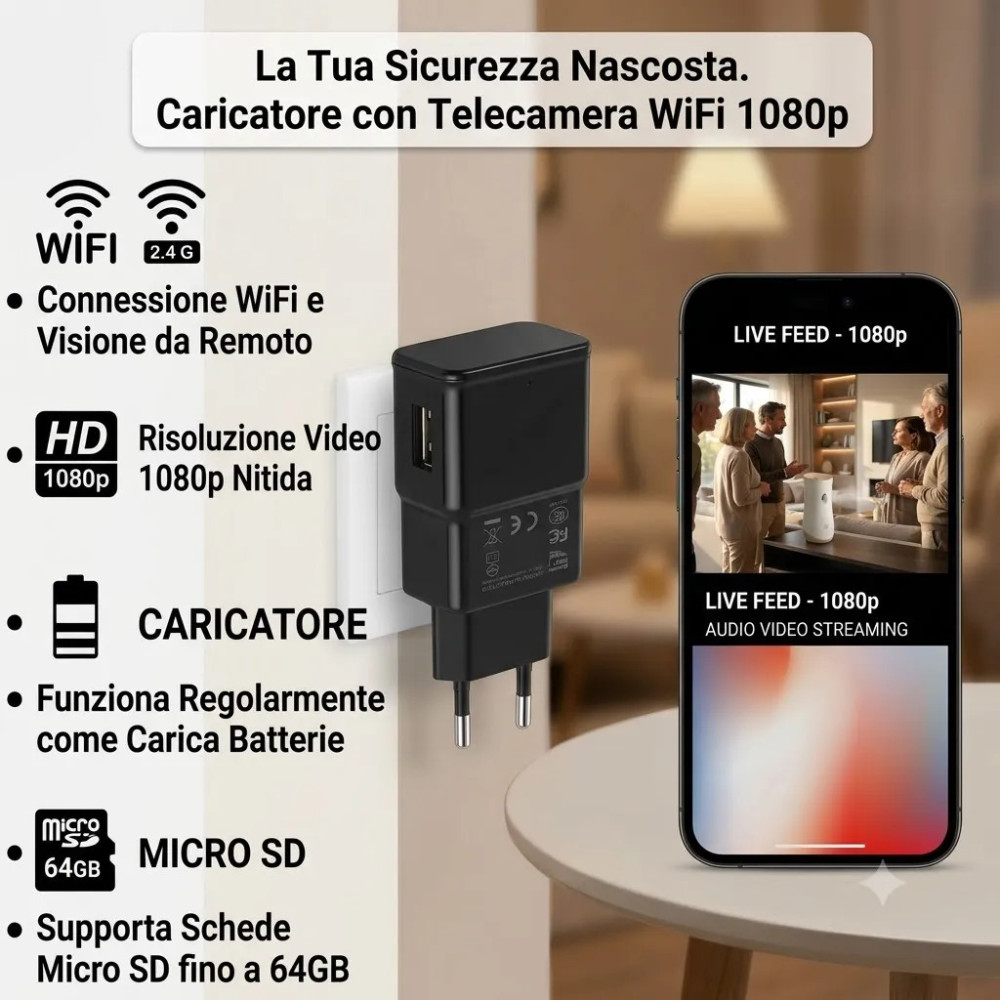 Caricabatterie Spia WiFi con Telecamera Nascosta | Invisibile