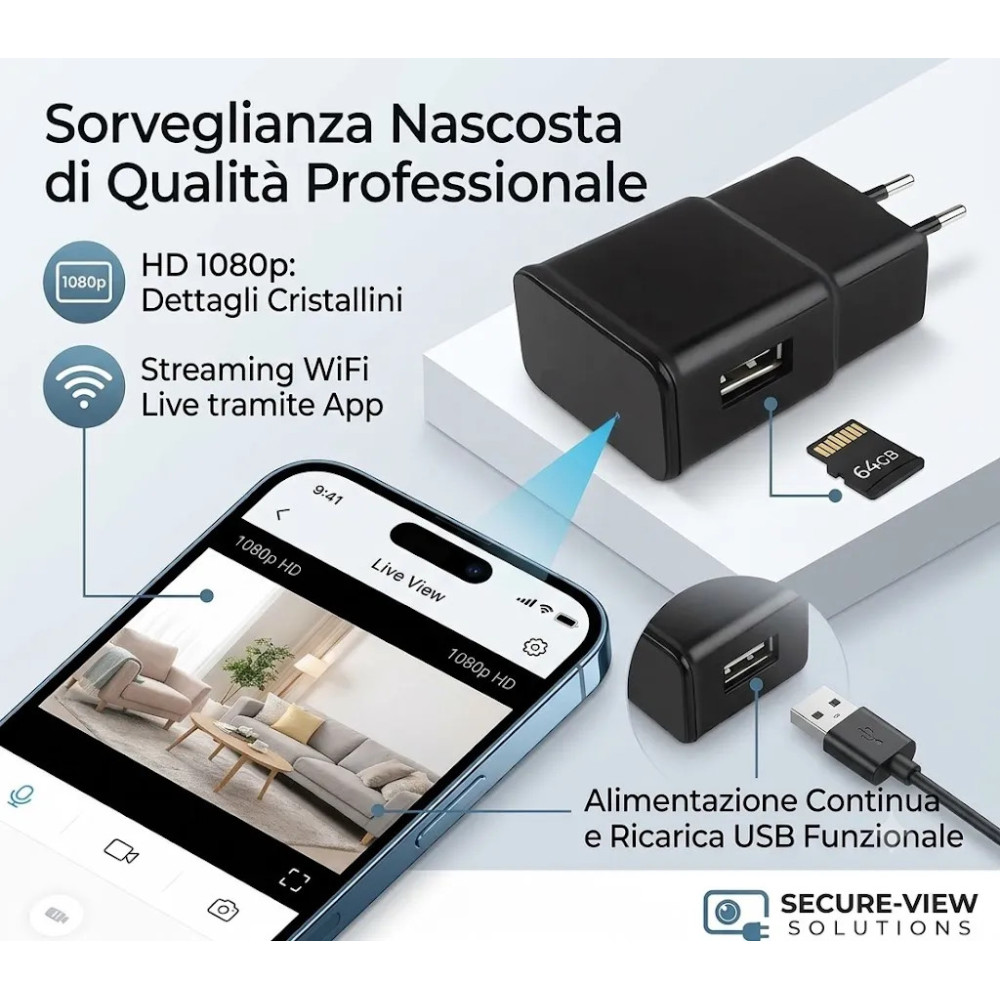 Caricabatterie Spia WiFi con Telecamera Nascosta | Invisibile