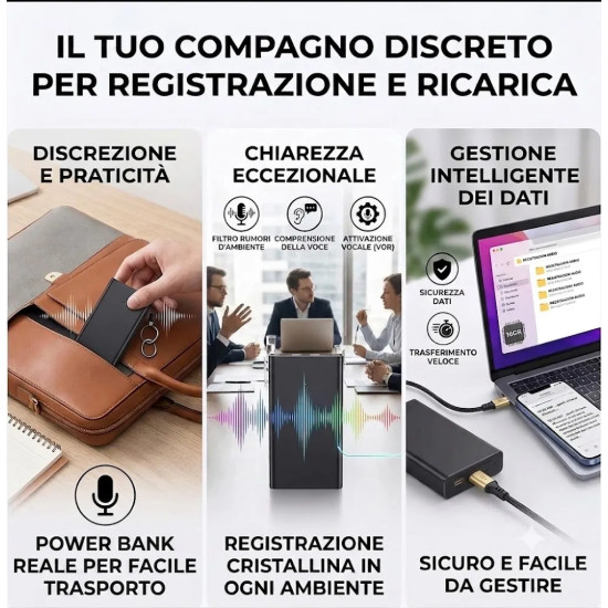 Power Bank con Registratore Vocale Nascosto 16GB | 12 Giorni Autonomia